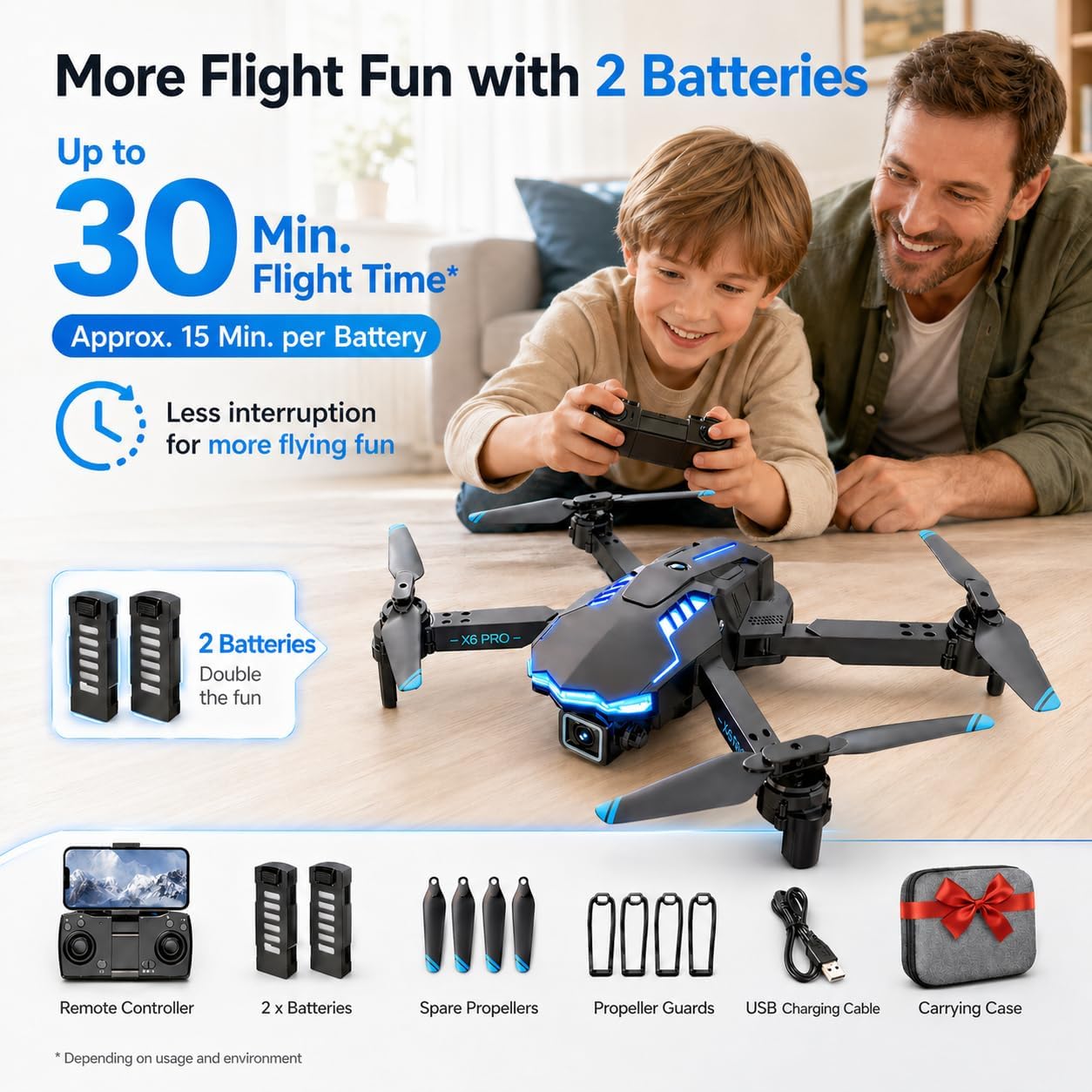 Detalle de Drone con Telecamera 1080P pieghevole per bambini e adulti – Bluetooth App, 2 Batterie, motore brushless, 120° FOV