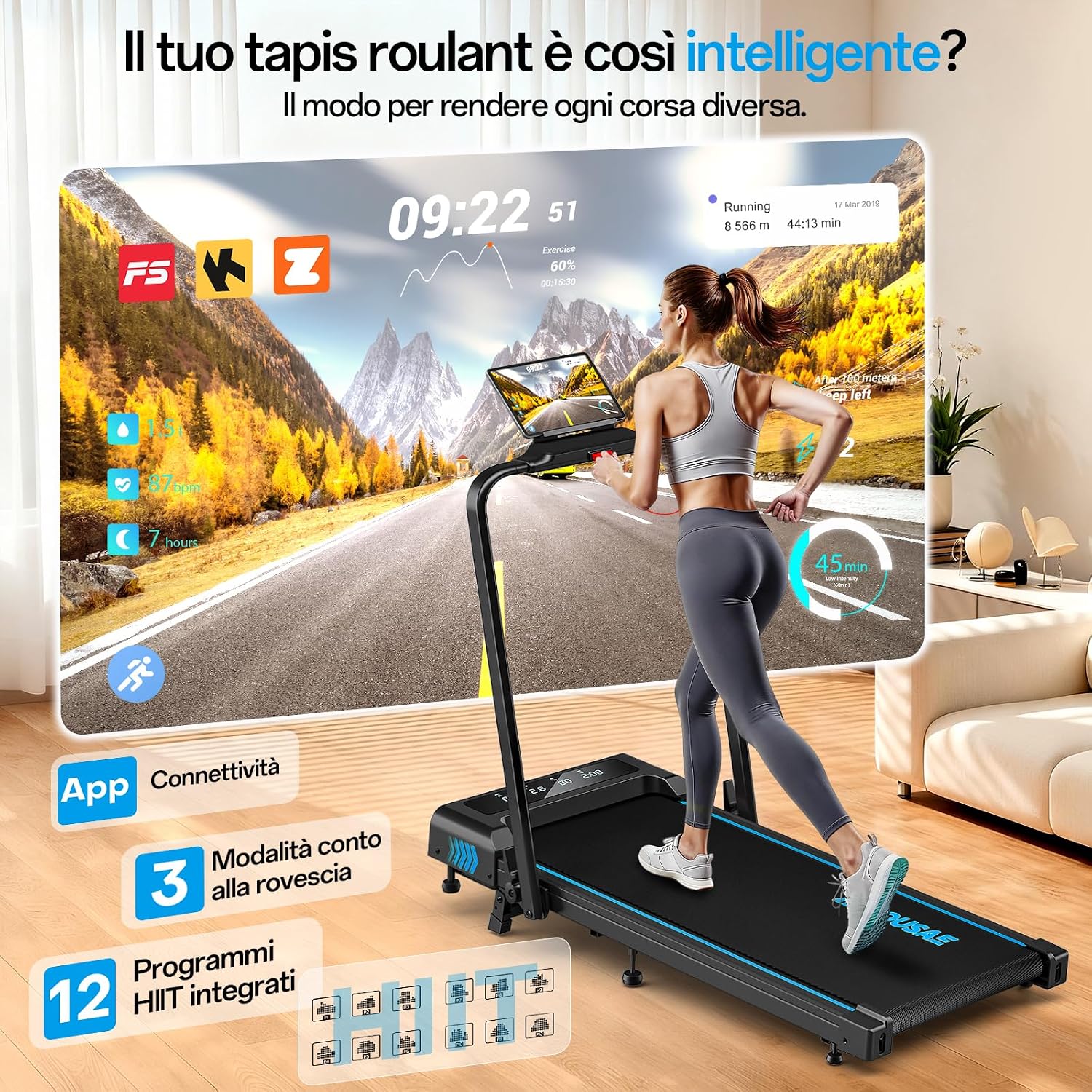 Detalle de FOUSAE Tapis Roulant Elettrico Pieghevole 5 in 1: inclinazione, display LED e avvolgimento salvaspazio