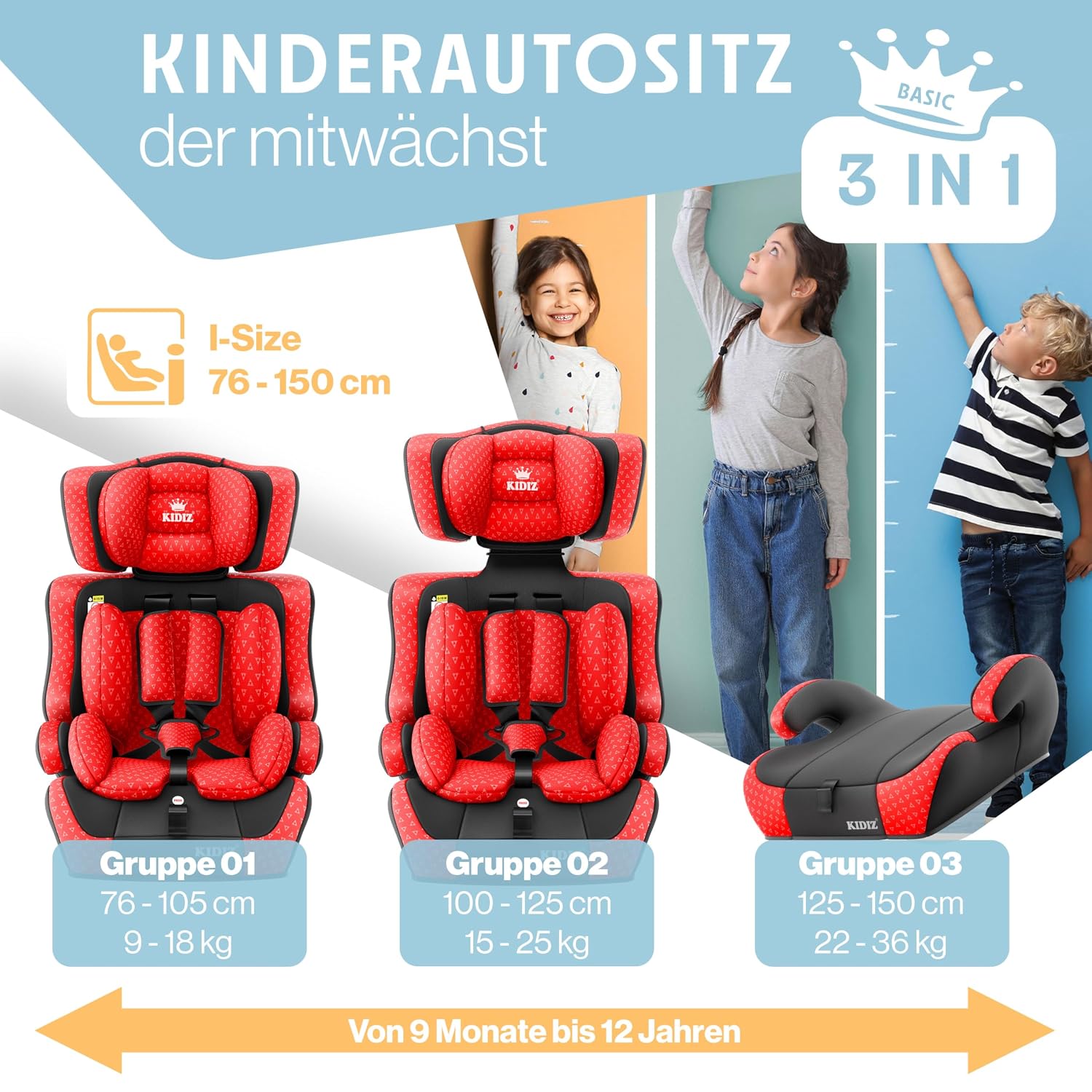 Thumbnail 3 de KIDIZ Autokindersitz i-Size R129 100–150 cm (bis 12 Jahre) – Kinderautositz Gruppe 1/2/3 ohne ISOFIX, mit 5-Punkt-Gurt und höhenverstellbarer Kopfstütze