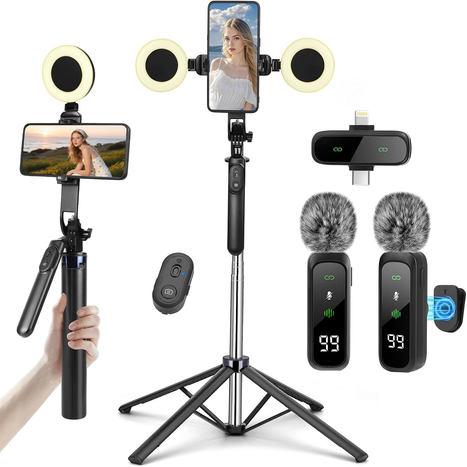 Detalle de HUGSEE 180CM Vlogging Kit with Metal Tripod, Dual Lights and Wireless Mics