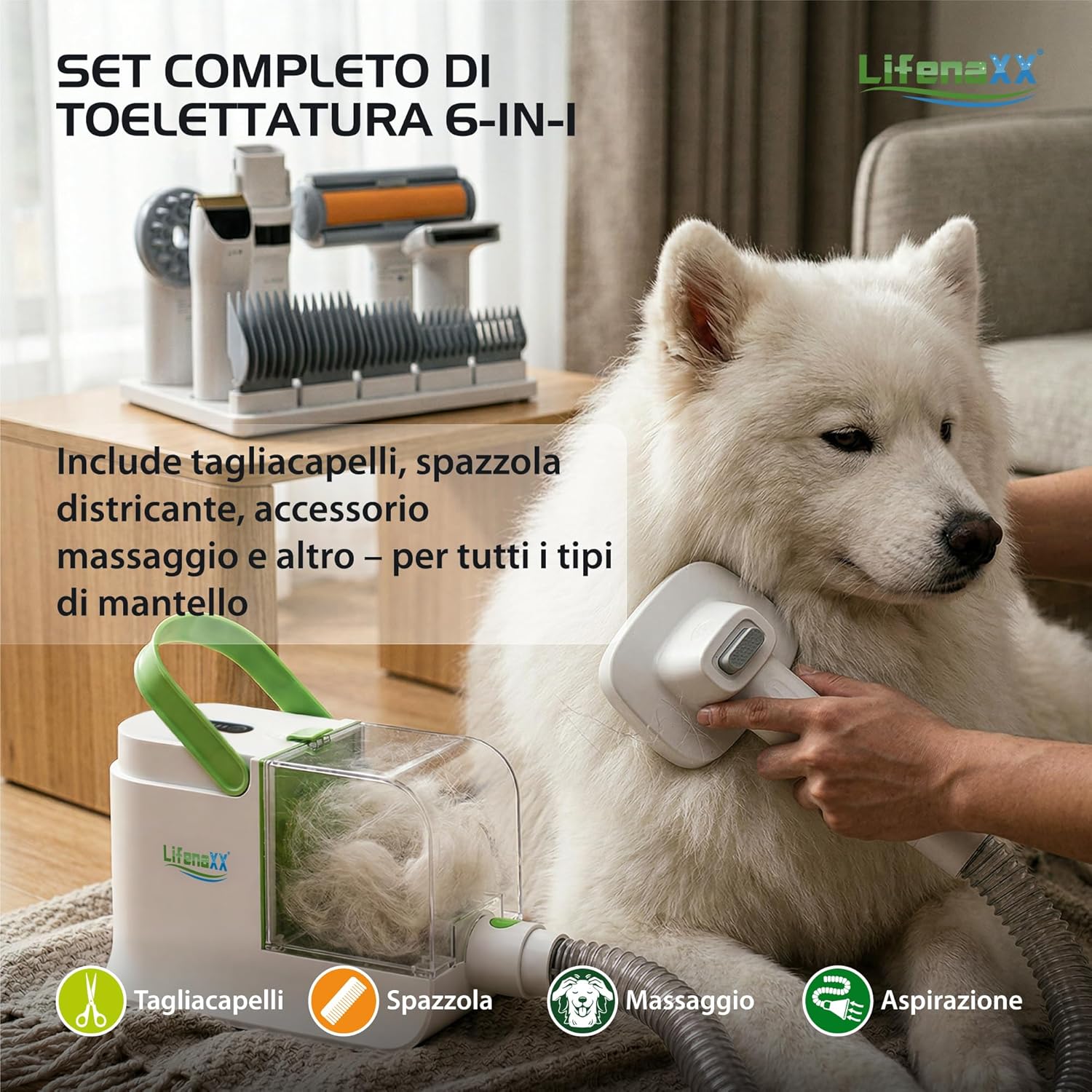 Detalle 2 de Lifenaxx Tosa Animali 6 in 1 con Aspirazione LX-052: kit tosatura silenzioso per cani e gatti