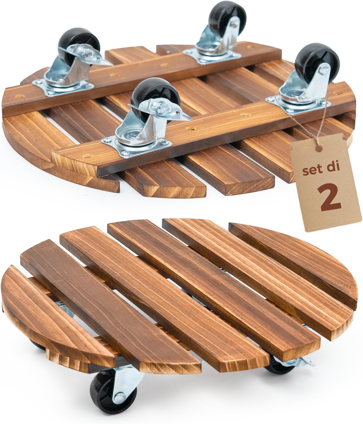 Detalle de Bamworld Porta Piante da Interno con Ruote – Set di 2 Basi Rotonde in Legno per Vasi Grandi