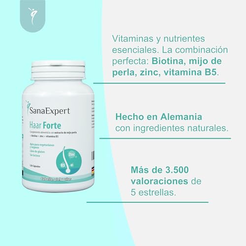 Detalle de SanaExpert Haar Forte | Fortalece Cabello y Uñas con Biotina, Zinc y Mijo de Perla