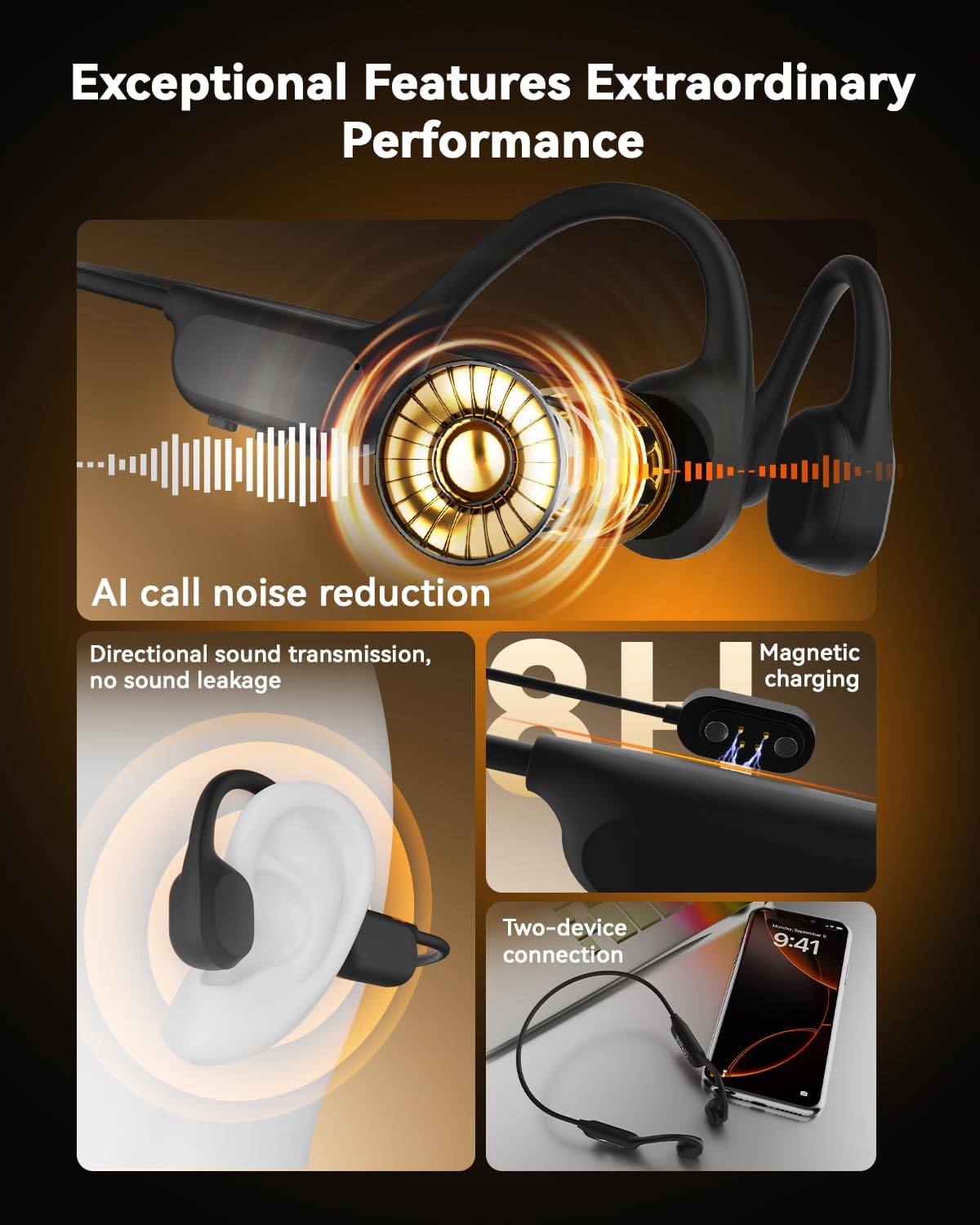 Thumbnail 4 de ANSTEN Casque à conduction osseuse Bluetooth 6.0 IPX8 avec réduction de bruit IA et écouteur oreille ouverte