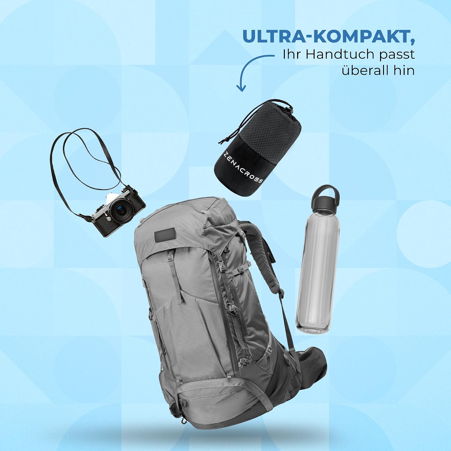 Detalle de ZENACROSS Mikrofaser Handtuch mit Transportbeutel (M, 140 x 70 cm) – schnelltrocknend, dunkelgrau