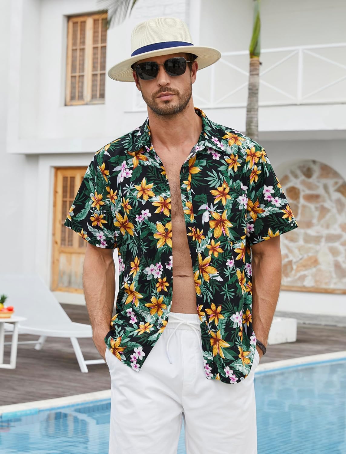 Thumbnail 2 de HISDERN Funky Hawaiihemd Kurzarm mit Vordertasche – lockere Passform, 100% Baumwolle