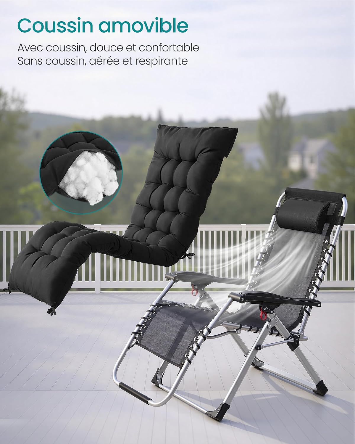 Thumbnail 6 de SONGMICS Chaise Longue Pliante « gravité zéro » avec coussin amovible, appui-tête réglable et plateau