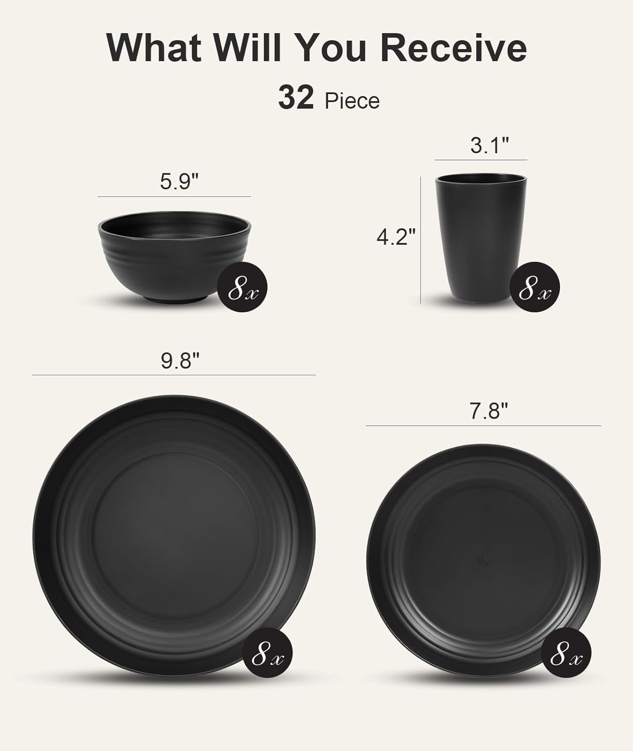 Detalle de Quatish 32-Piece Unbreakable Dinnerware Set for 8: Lightweight, Shatterproof Plates, Bowls & Cups for Camping & Everyday Use