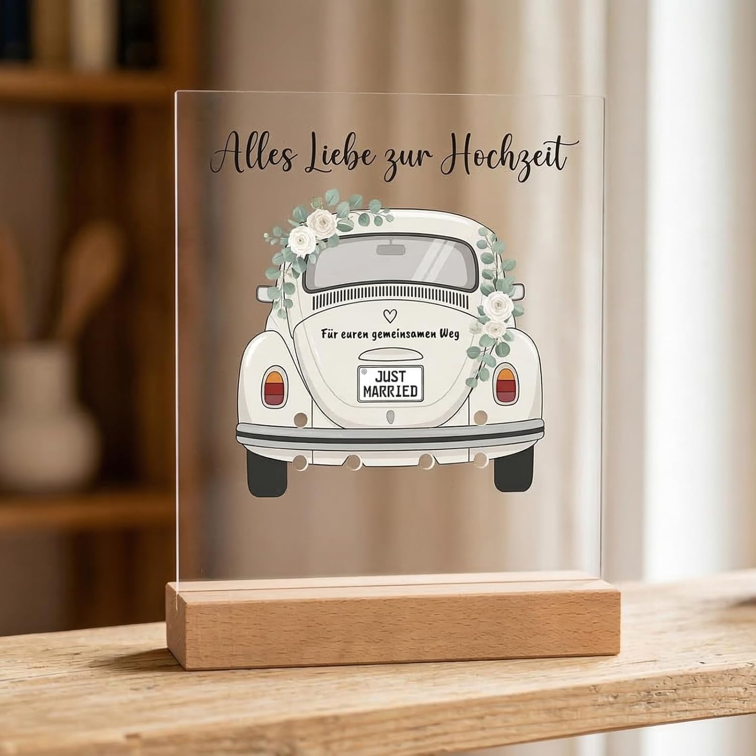 Thumbnail 1 de Kreatives Geldgeschenk Hochzeit – Acryl-Aufsteller mit Holzsockel, Vintage Auto Motiv