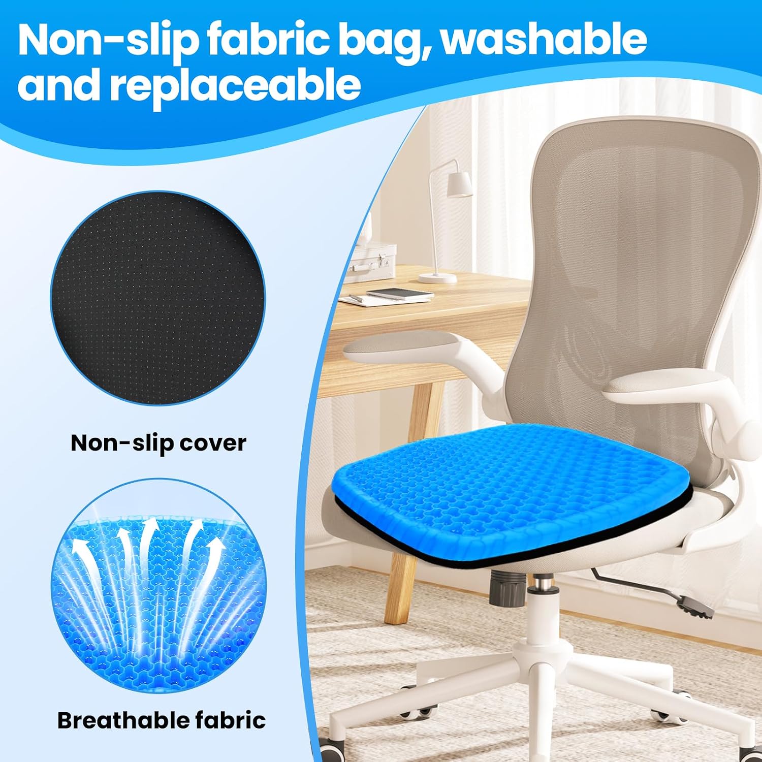 Detalle 2 de Wenisuow Gel Seat Cushion with Cover – Double Thick Egg Design, Large 47 x 42 x 4.5 cm