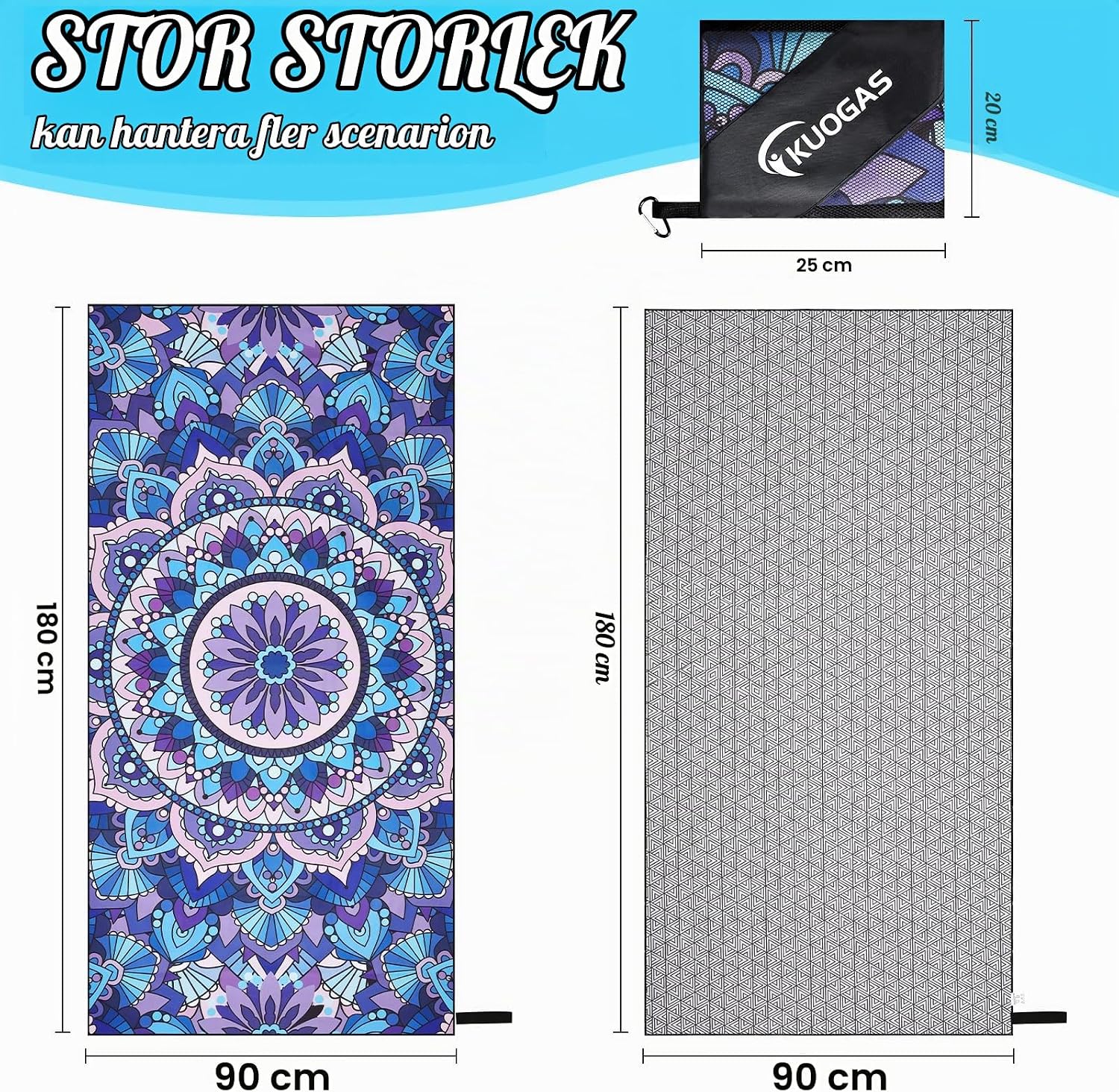 Detalle de KUOGAS strandhanddukar i mikrofiber, 2-pack 90 × 180 cm, snabbtorkande