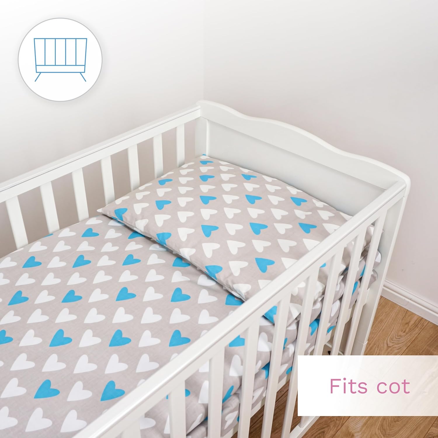 Detalle de Baby Comfort 2-Piece Toddler Duvet & Pillow Set – 120x90 cm, 100% Cotton, Breathable, Machine Washable (Blue Hearts)