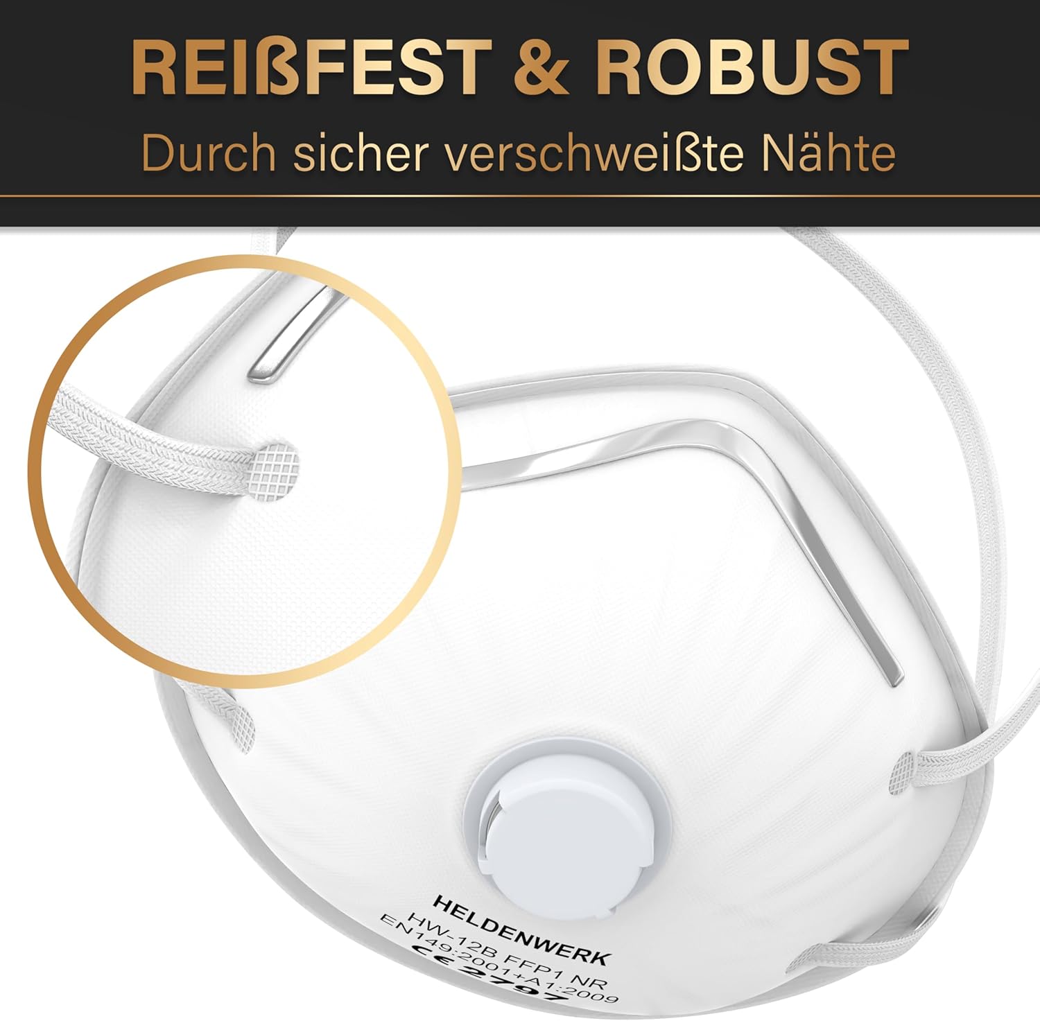 Detalle de HELDENWERK Atemschutzmaske mit FFP1-Schutz im Set (5er/10er/20er) – Staubschutz für Schleif-, Bohr- und Sägearbeiten