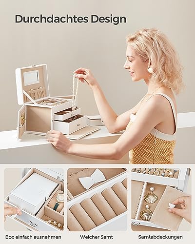 Detalle 2 de SONGMICS Schmuckkästchen, 3 Ebenen, 2 Seitentüren, abschließbar – eleganter Organizer für Schmuck in Wolkenweiß