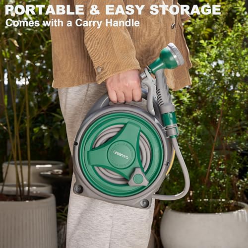 Thumbnail 2 de Greenera Garden Hose Reel 14M with 2m Leader Hose and 8-Mode Spray Gun – Manual Retractable Outdoor Reel