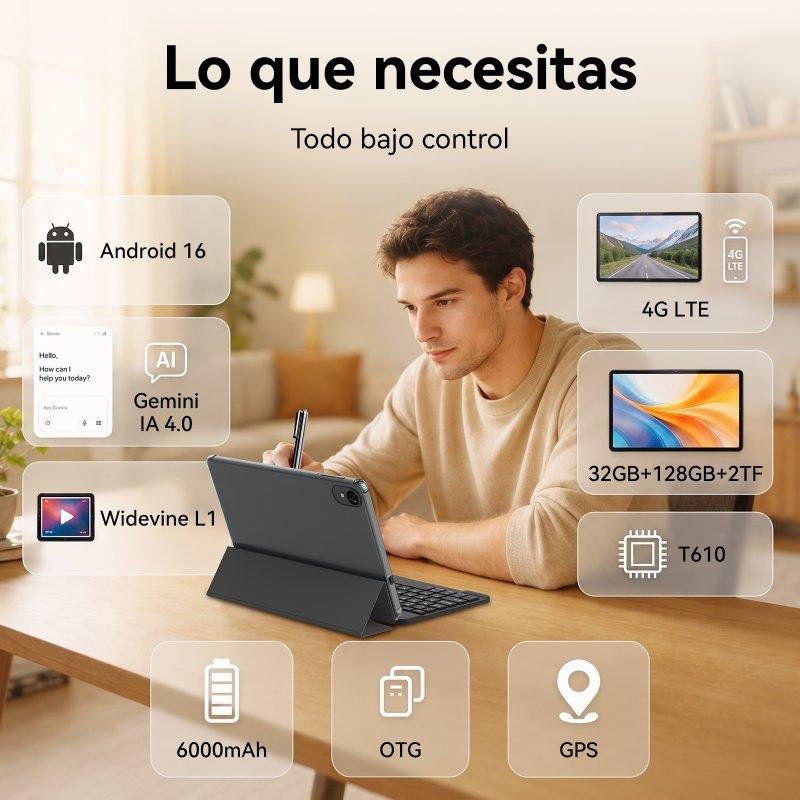 Detalle de ExcitPower W80: tableta 10,1” con 4G, 8 GB de RAM y 128 GB de almacenamiento en gris