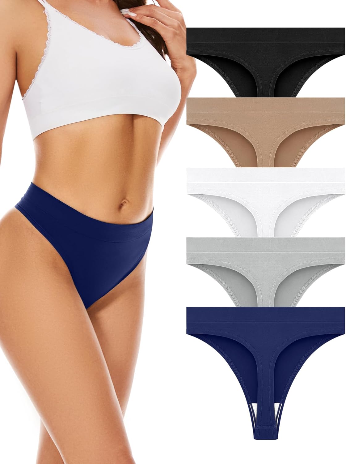 Detalle de VOENXE Seamless High Waisted No VPL Thongs (5-Pack) – Breathable Gym & Everyday Knickers