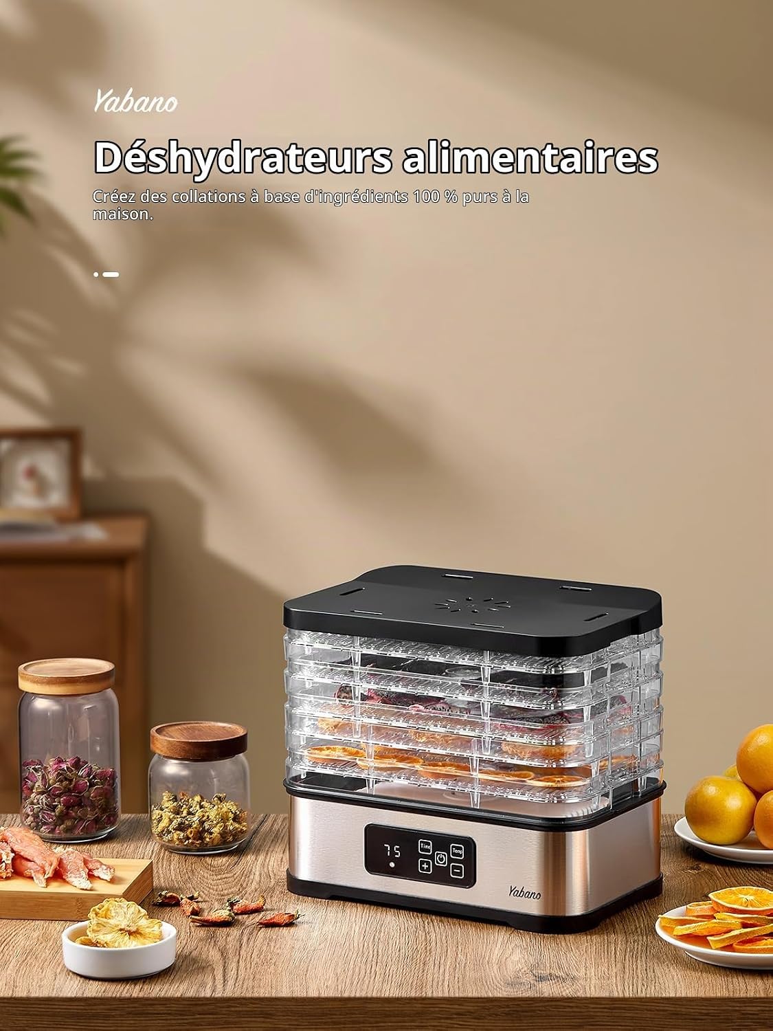 Detalle 2 de Yabano GGJ-300B voedseldroger met 5 BPA-vrije trays en digitale timer