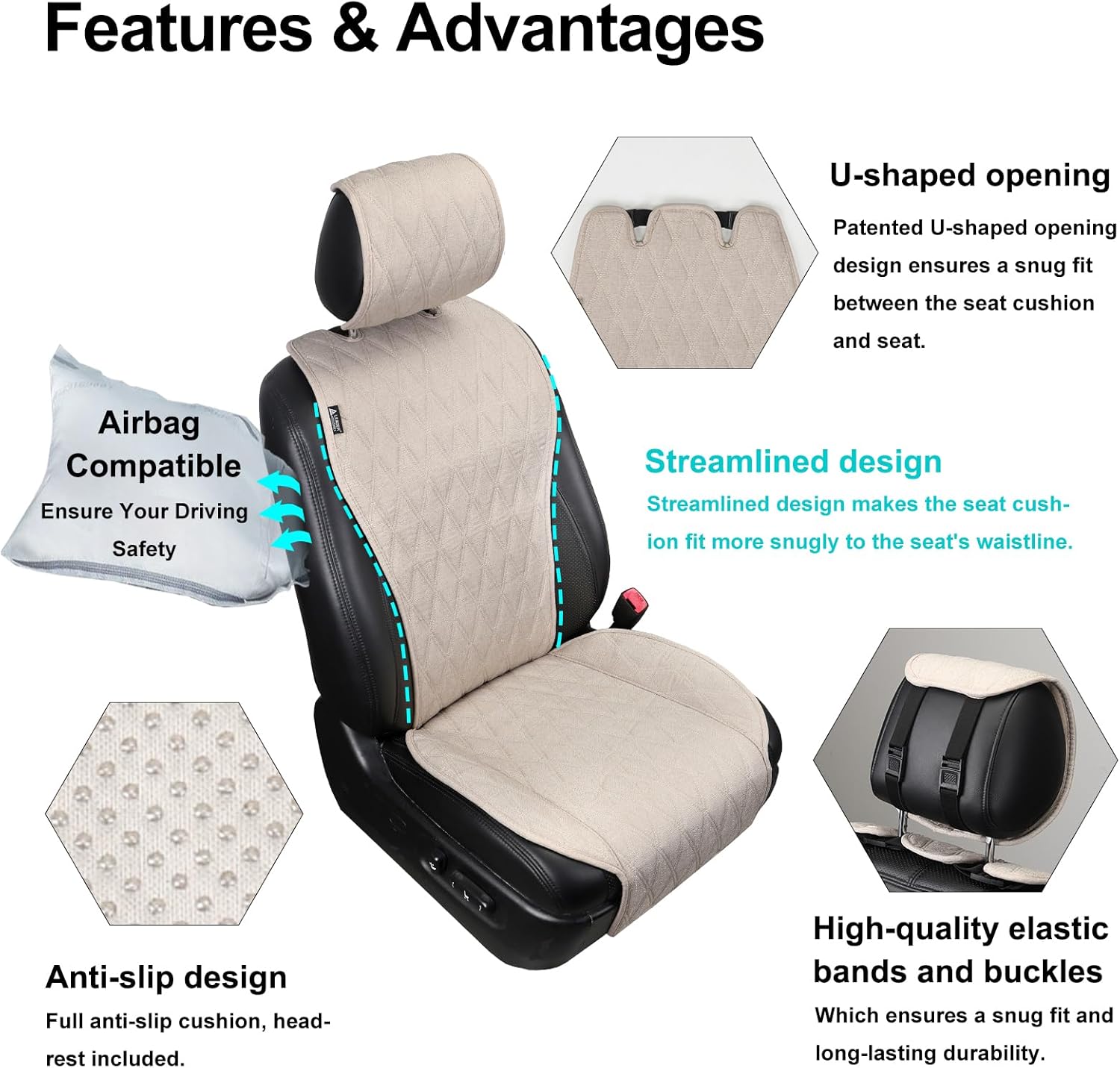 Thumbnail 5 de Leader Accessories 2pc Car Seat Cushions (Front) – breathable stitched, non-slip, side airbag compatible
