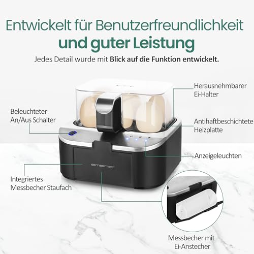 Detalle de EMERIO sprechender Eierkocher EB-123177.1 – 6 Eier, 3 Garstufen, Sprachansage, BPA-frei