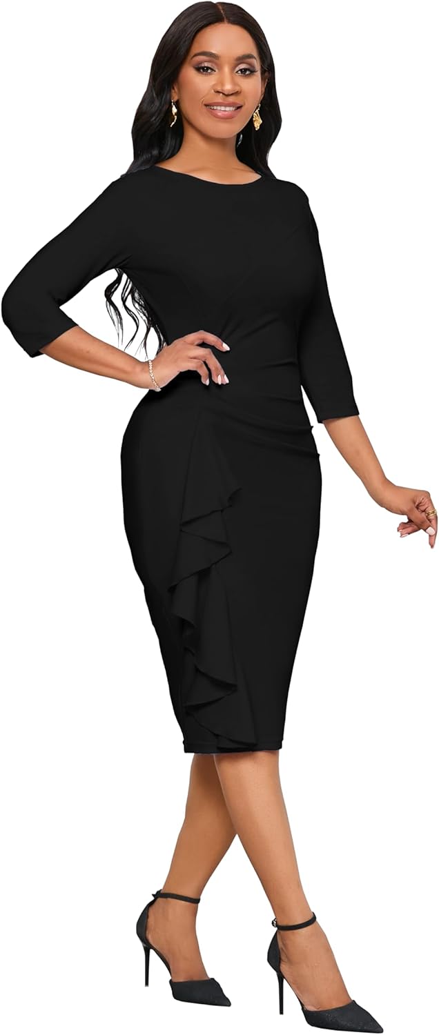 Thumbnail 3 de Church Dresses for Women 3/4 Sleeve Bodycon Ruffle Midi Dress