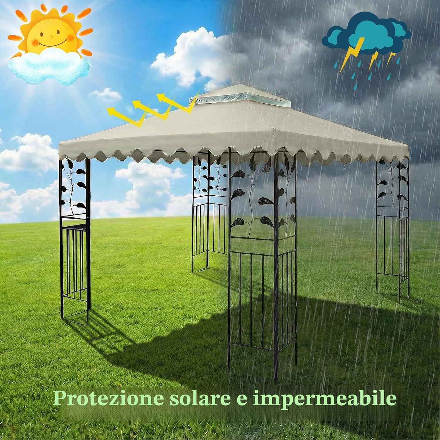 Detalle de OKYUK Tetto di ricambio per gazebo 3x3 m con rete traspirante, doppio tetto impermeabile e fori di drenaggio