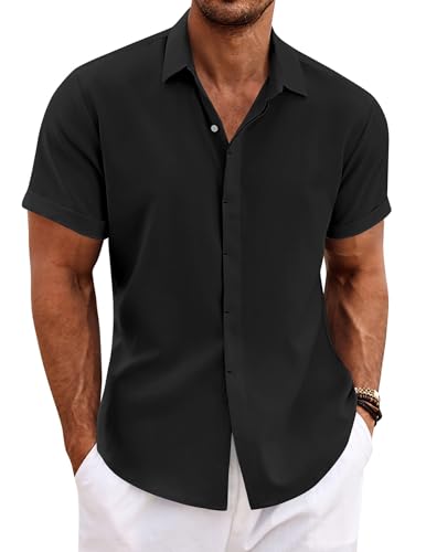 Detalle de COOFANDY Herren Leinenhemd Kurzarm – Leichtes, einfarbiges Strandhemd schwarz, XL