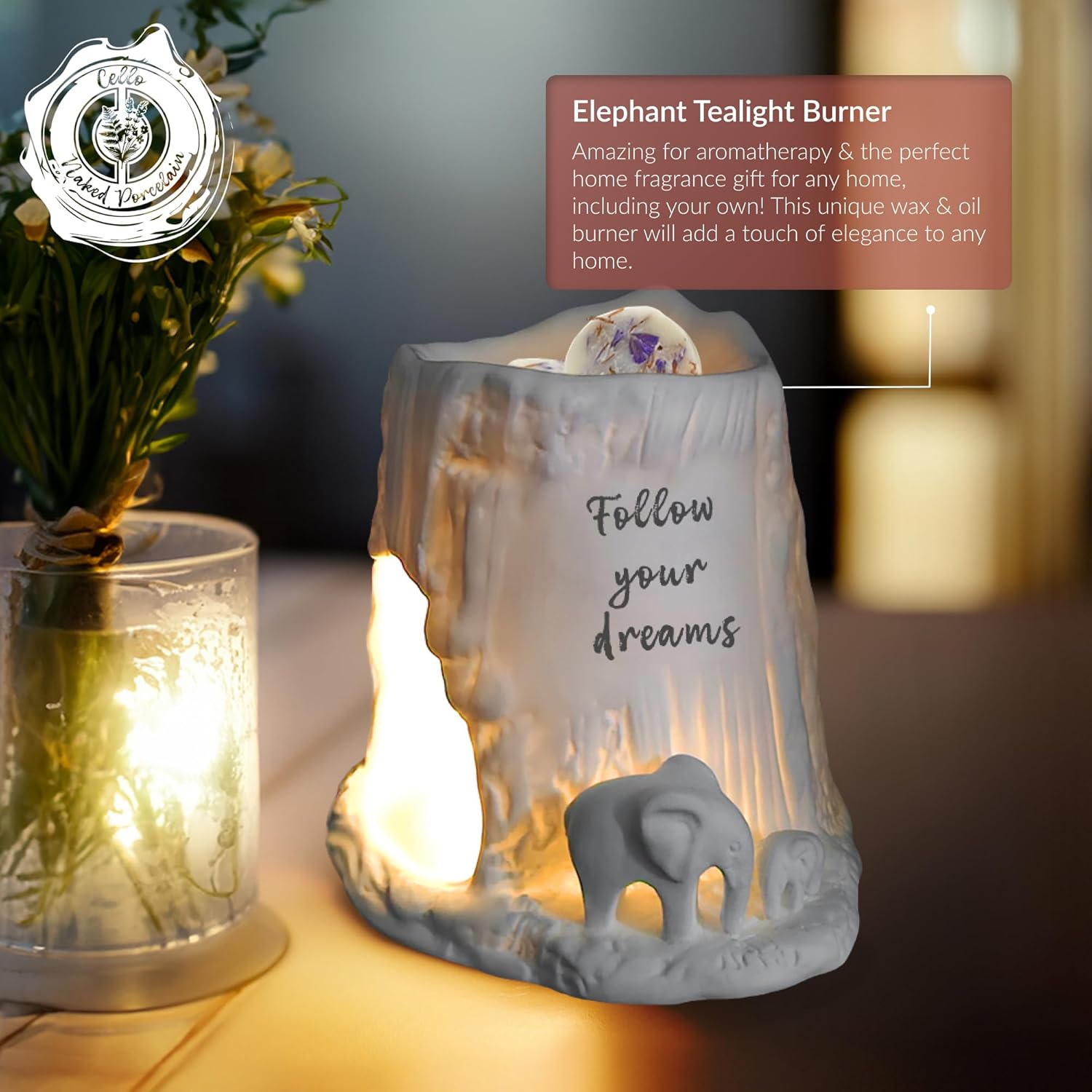 Thumbnail 1 de Cello Elephant Tealight & Essential Oil Burner – Porcelain Decor Wax Melt & Gift
