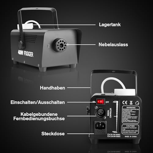 Detalle de Littleboyny 400W Nebelmaschine – kompakte Rauchmaschine mit 300 ml Tank, 2 kabelgebundene und Funkfernbedienungen