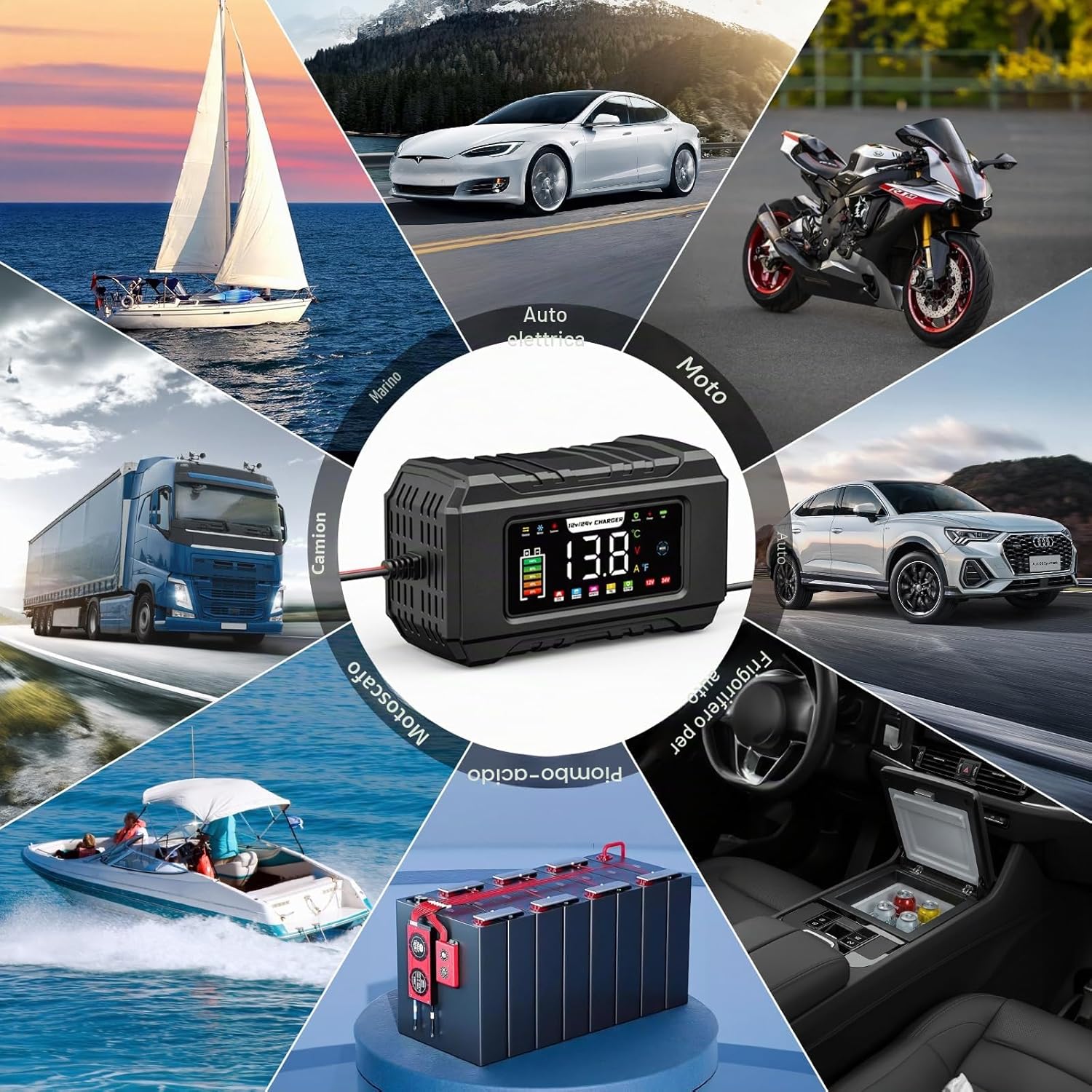 Detalle 2 de Caricabatterie Husgw 12V/24V 15A-8A con display a colori: ricarica sicura per auto, moto, camion e barche