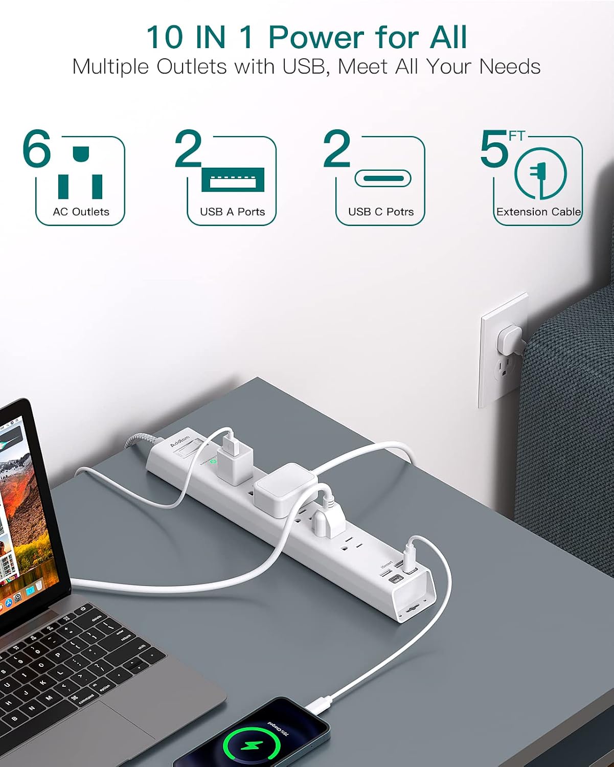 Detalle de Addtam AD313 Power Strip with 6 AC Outlets, 4 USB Ports and Flat Plug
