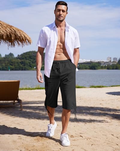 Detalle de LVCBL Short en Lin 3/4 pour Homme – Noir, XXL