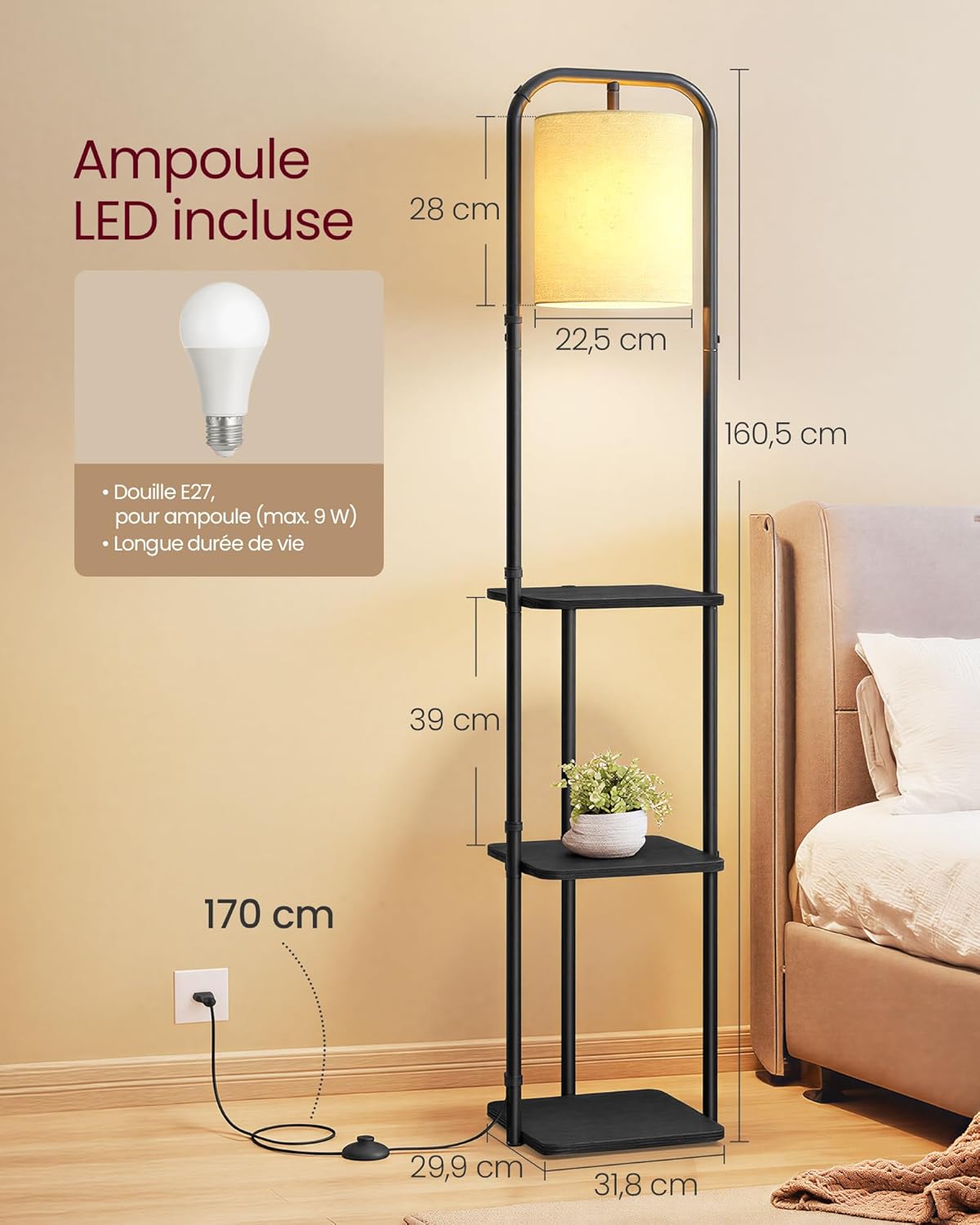 Detalle 2 de VASAGLE Lampadaire sur Pied avec 3 Étagères et Abat-jour en Tissu – LFL001BD02