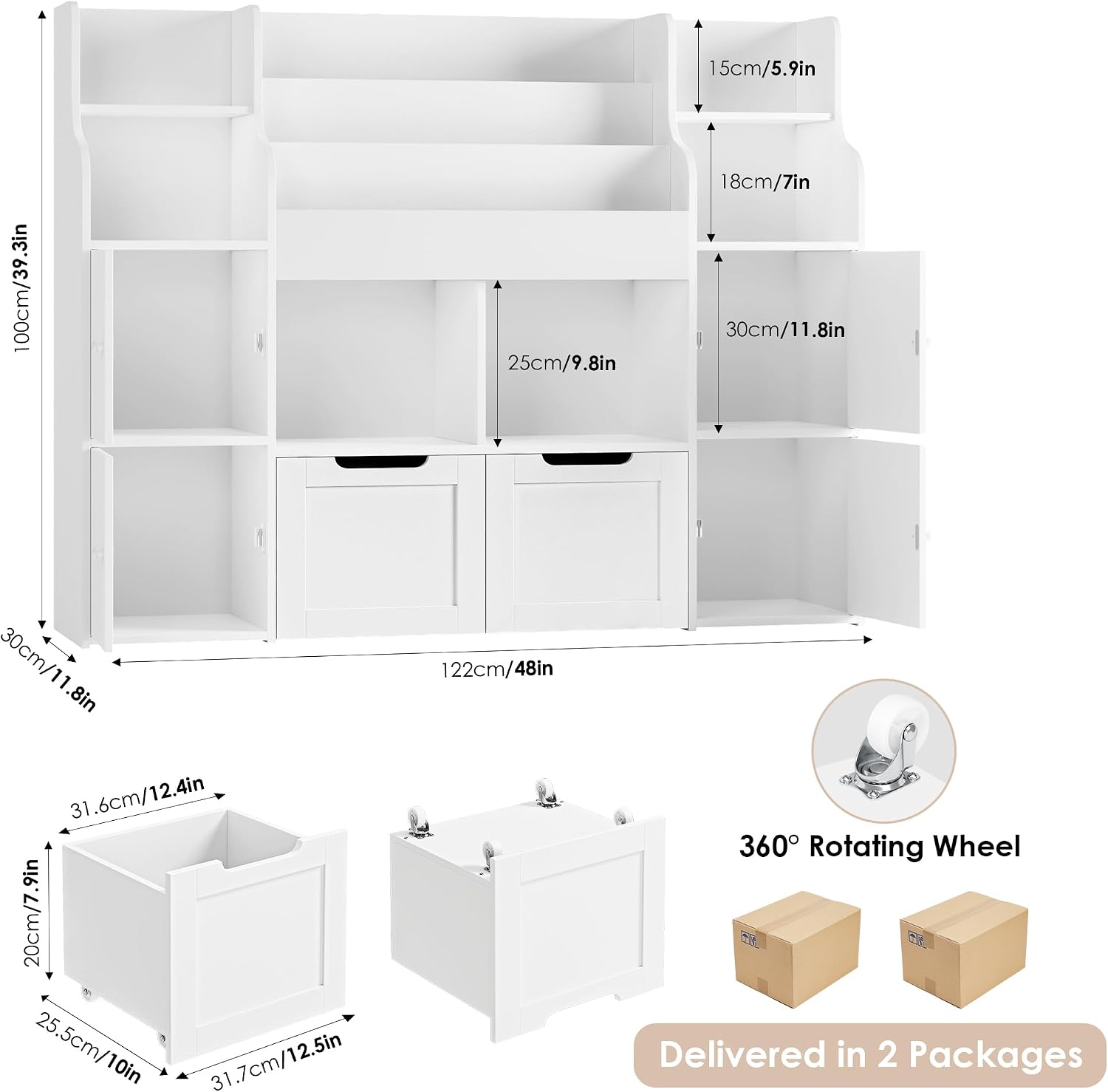Detalle de FOREHILL P392 Kids Storage Unit, 3-Tier Bookshelf, 4 Doors, 6 Open Shelves