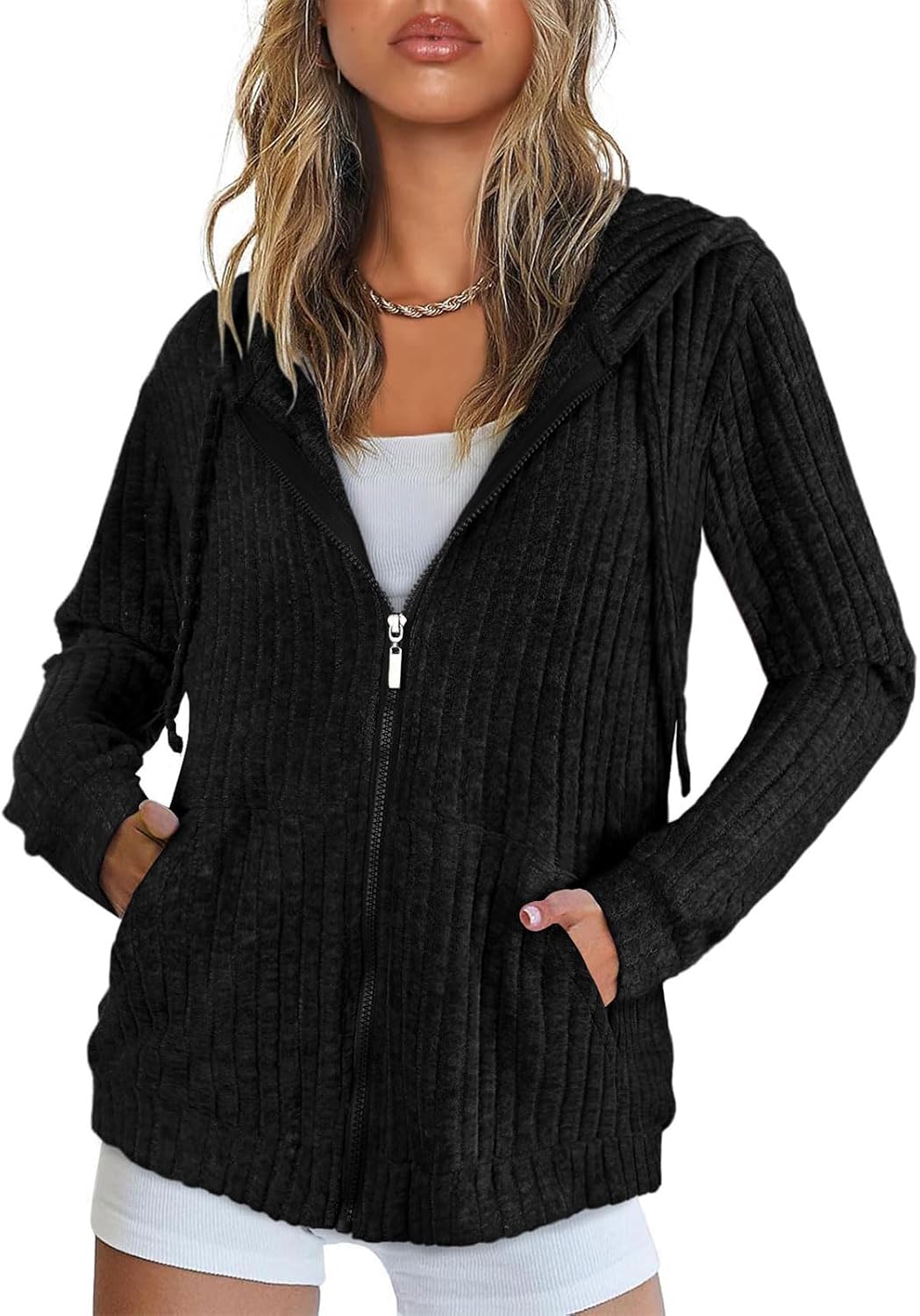 Detalle de Flikity Damen Zip Hoodie Reißverschluss Sweatjacke mit Kapuze – Vielseitige Basic-Jacke