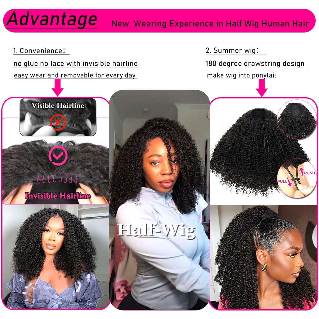 Detalle de yeelice hair Kinky Curly Half Wig Human Hair (200 Density, 3-in-1) Seamless Flip Over Glueless Wear and Go