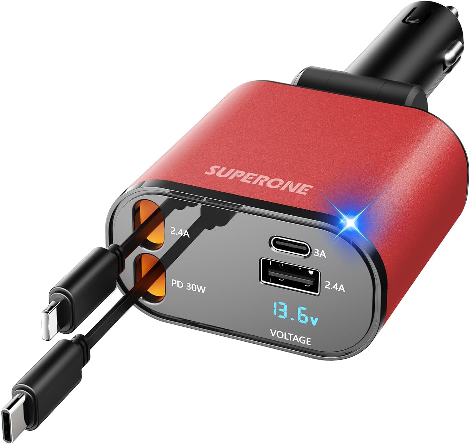 Detalle de SUPERONE PT-16 Retractable Car Charger, 4-in-1 with Dual Cables and Voltage Display