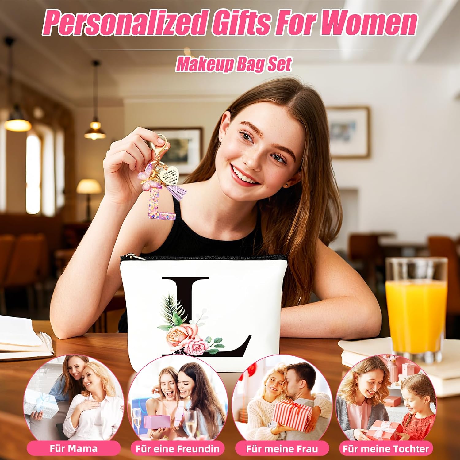 Thumbnail 6 de TUZELIYA personalisierte Kosmetiktasche mit Buchstaben-Anhänger L – Geschenkidee für Frauen, Mädchen, Mütter & Brautjungfern