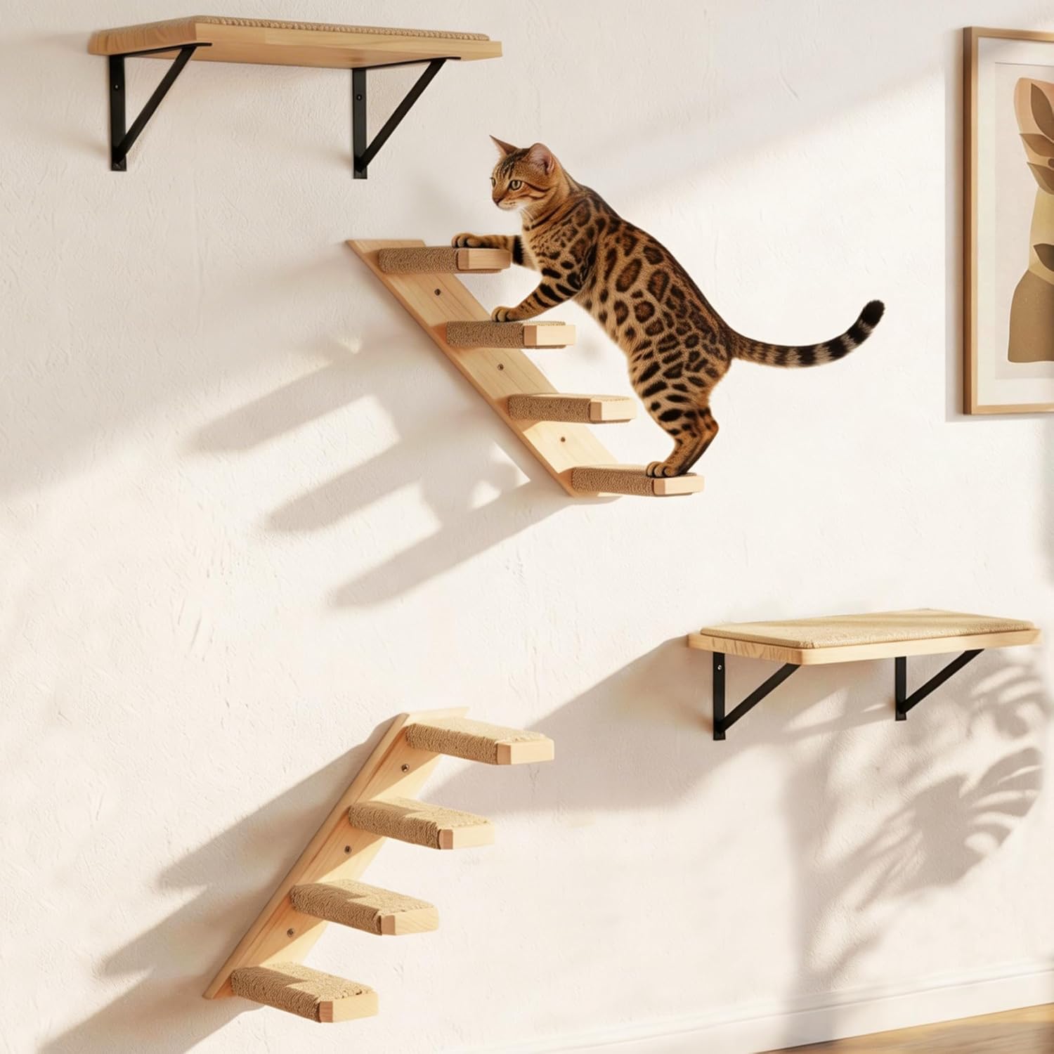 Detalle de Cat Climbing Frame Set: Wall Mounted Furniture with 2 Steps and 2 Platforms by PELUOMOZ