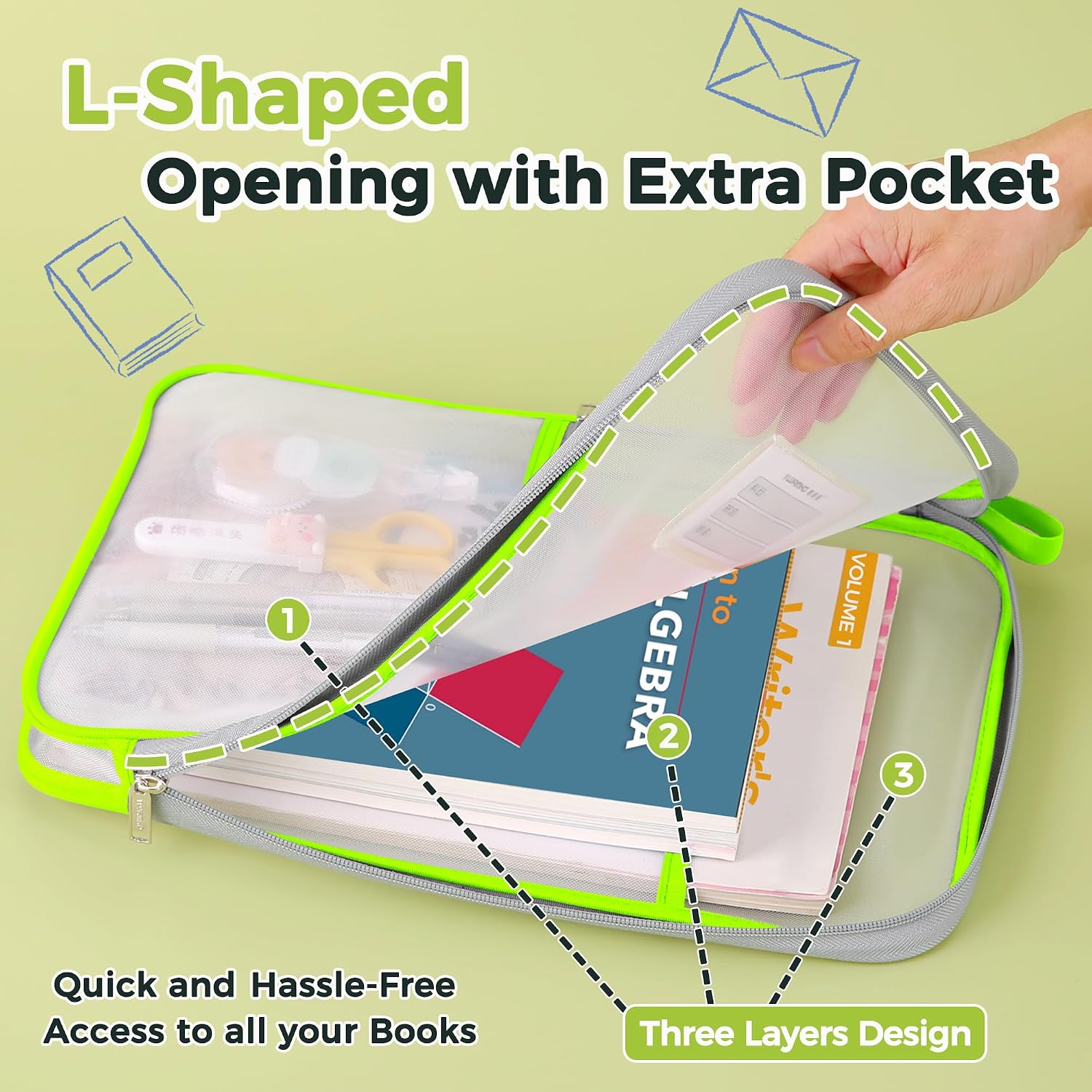 Thumbnail 1 de Mesh Document Bag Nylon File Zip Bag in A4 – Green, with L-shaped Zip and Internal Dividers