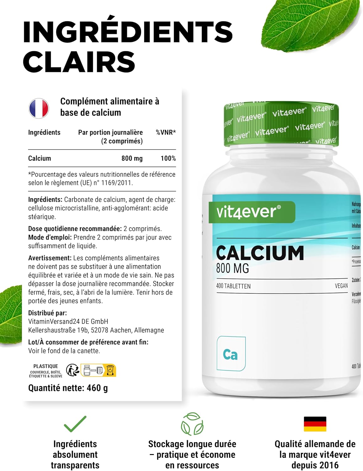 Detalle de vit4ever Calcium 800 mg (carbonate de calcium) – 400 comprimés, 6,6 mois de réserve