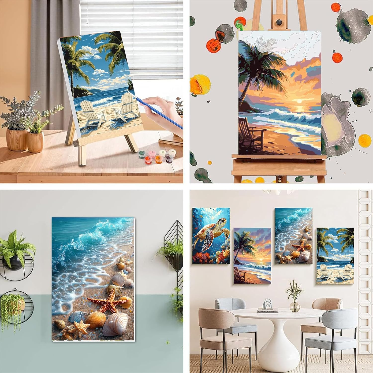 Detalle de Pujeknm 4 Stück Malen nach Zahlen Erwachsene mit Rahmen – 20x30 cm, Strand-Schildkröte, Holzstaffelei, DIY Acryl-Ölmalerei Set