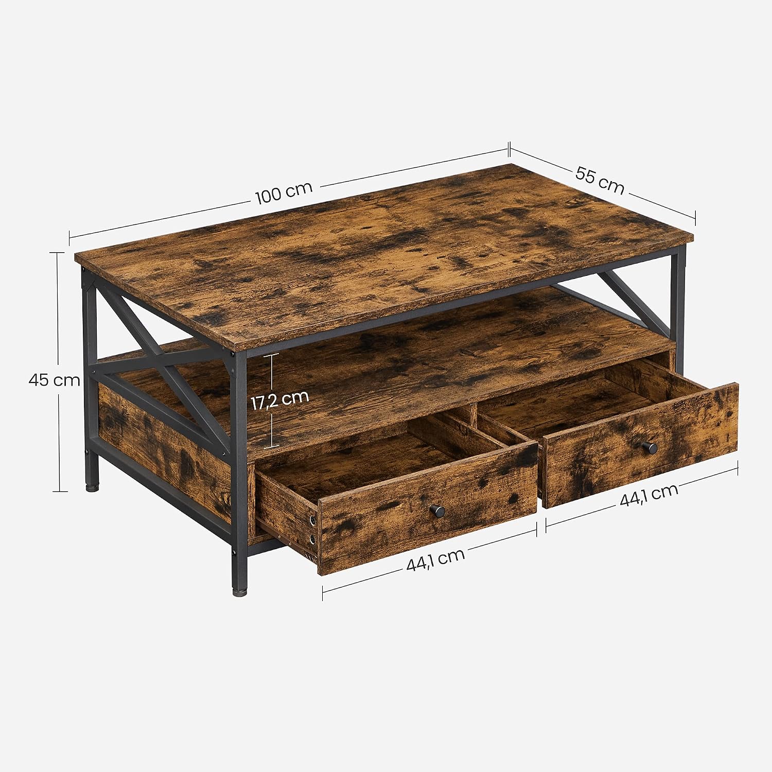Detalle de VASAGLE LCT201B01 Coffee Table, 2 Drawers, Steel X-Frame, Rustic Brown and Black