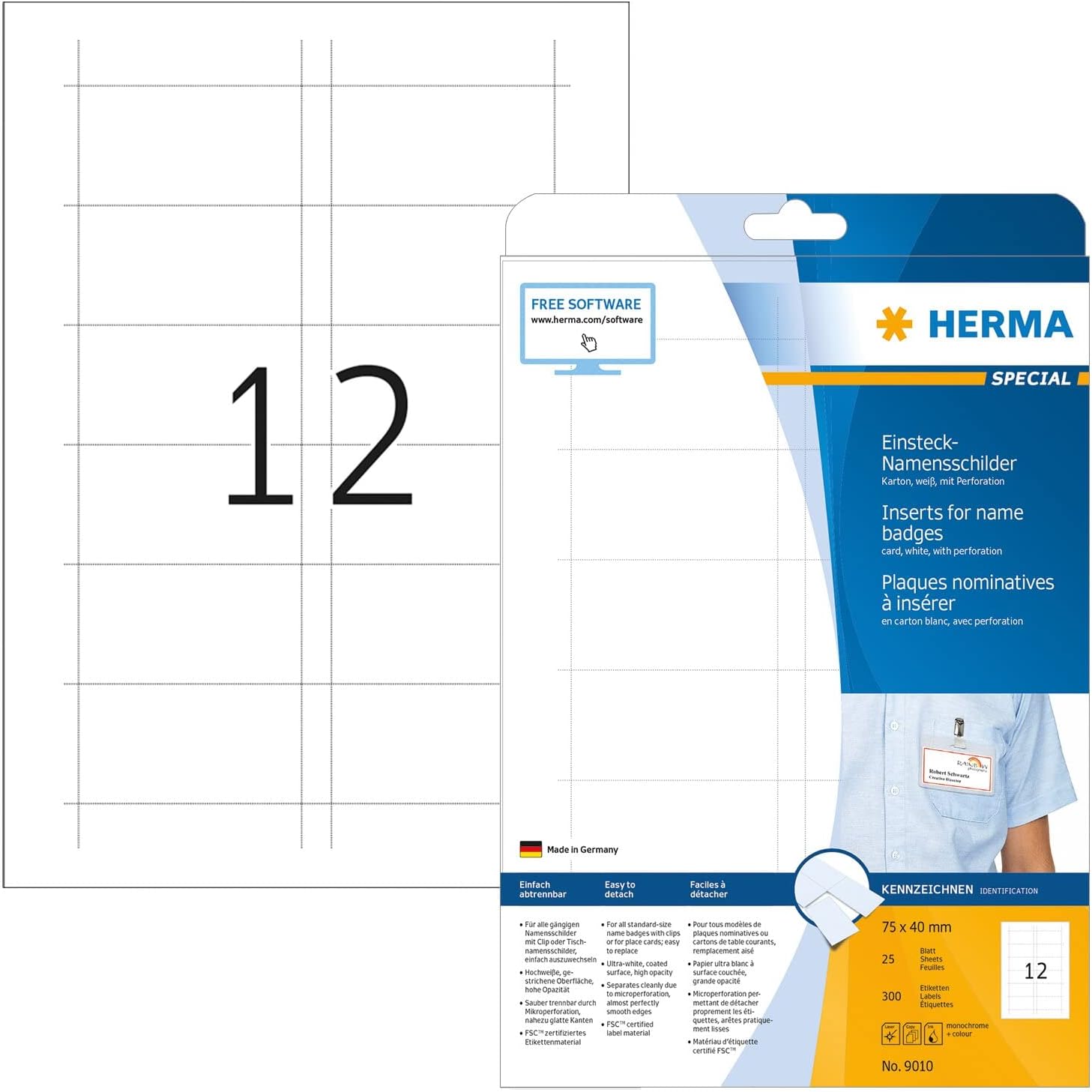 Thumbnail 6 de HERMA 9012 Lot de 200 recharges pour badges nominatifs (8 étiquettes par feuille A4, 25 feuilles, 90 × 60 mm)