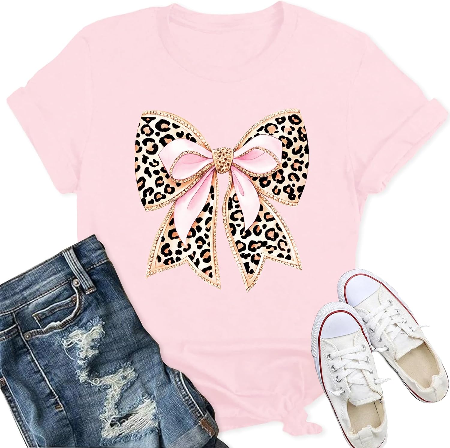 Thumbnail 5 de Qskall Bow-Themed Leopard Print T-Shirt with Pink Bowknot Detail (Women’s)