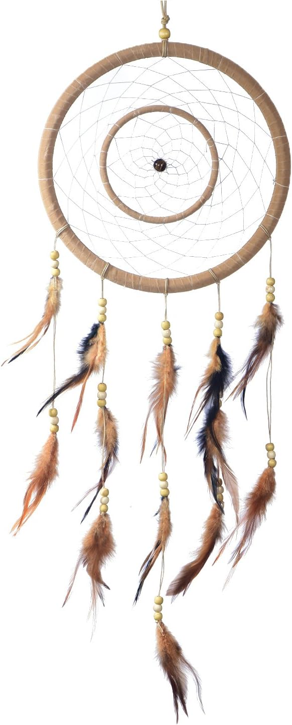 DonDon Gros Attrape-rêves Dreamcatcher Ø 28 cm avec perles en bois et vraies plumes marron