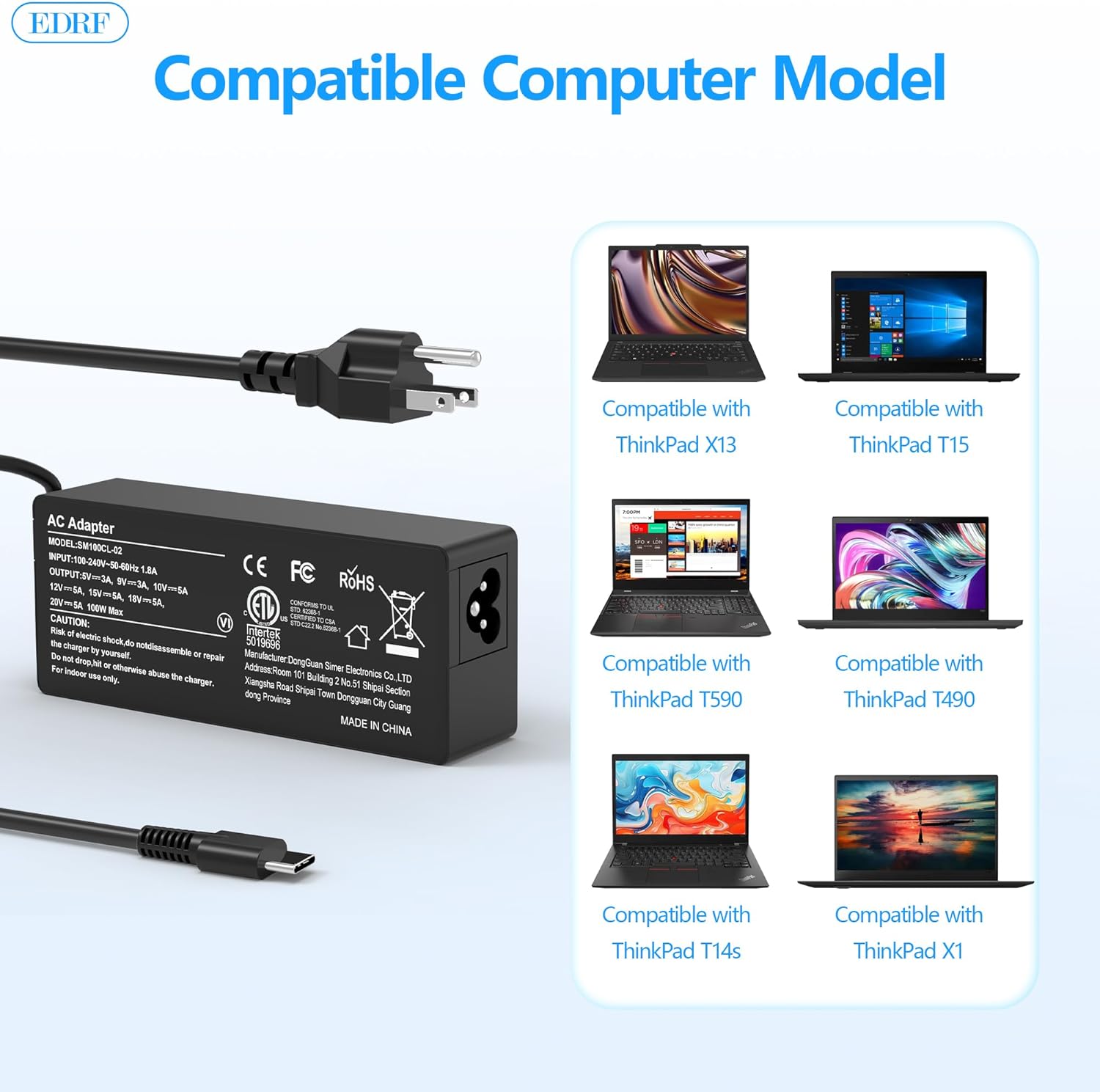 Detalle 2 de 100W USB-C Laptop Charger for Lenovo ThinkBook/ThinkPad/IdeaPad/Yoga — Fast 100W Power for Travel