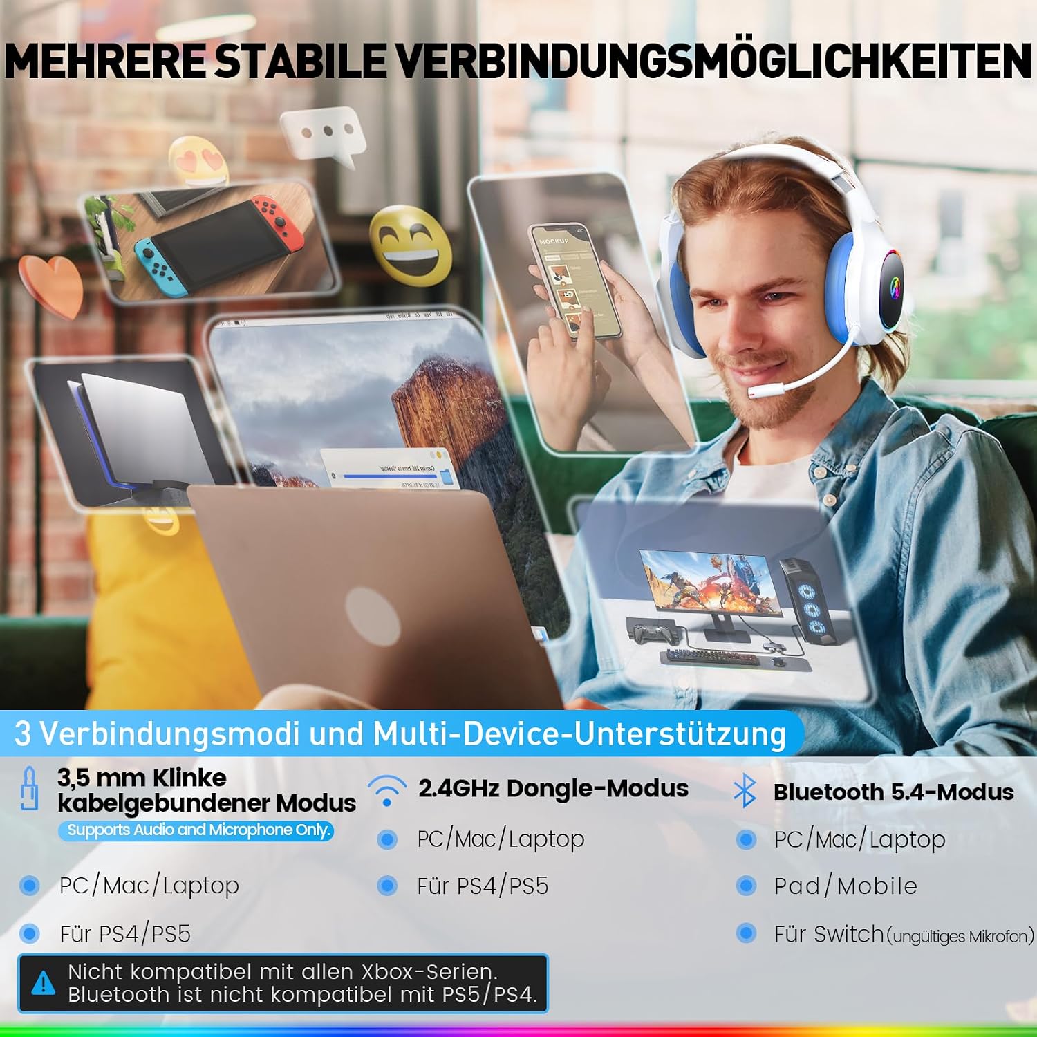Detalle 1 de Awinnasey Gaming-Headset mit 2,4 GHz