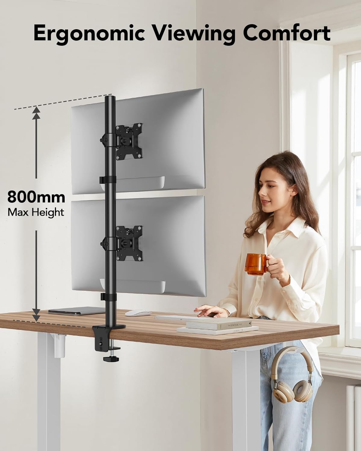 Thumbnail 4 de HUANUO Vertical Dual Monitor Stand | Stacked 2‑Monitor Arm for 17–32 Inch Screens