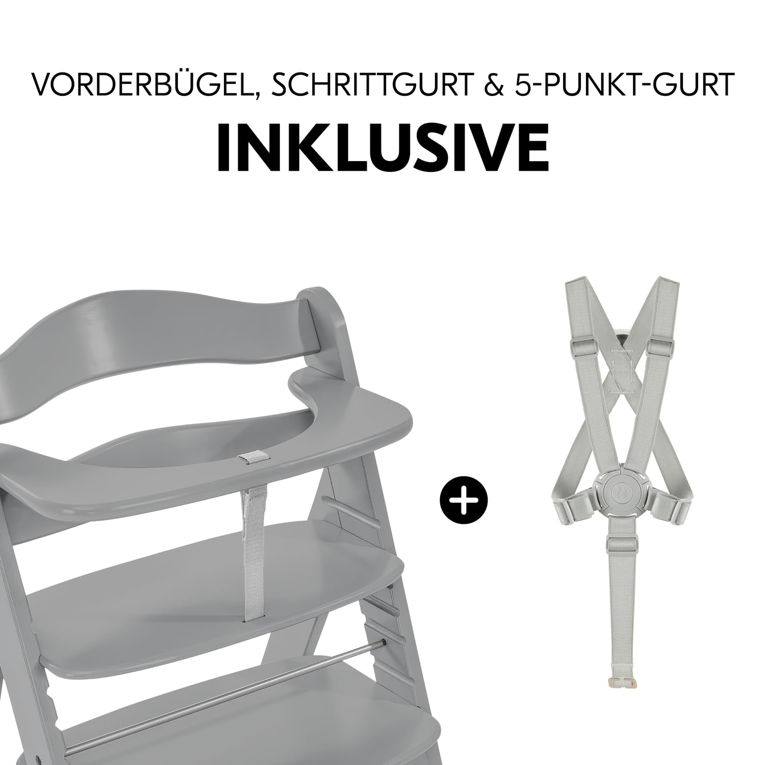 Detalle de hauck Alpha+ Grey – Mitwachsender Holzhochstuhl aus Buche, bis 90 kg, inkl. 5-Punkt-Gurt und Zubehör